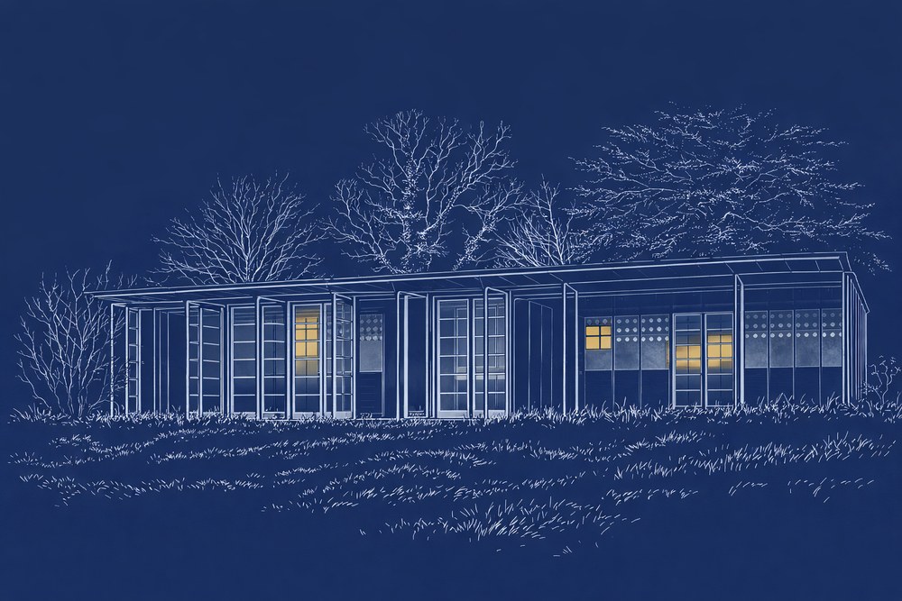 L'école démontable de Jean Prouvé à Vantoux, dessinée à la tombée du jour
